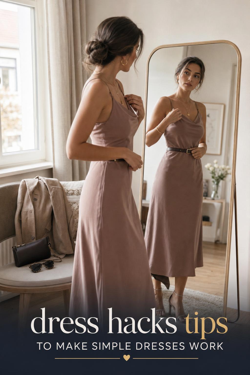 Dress hacks tips: stylish woman cinching midi dress at waist by window in bright bedroom, candid outfit styling moment