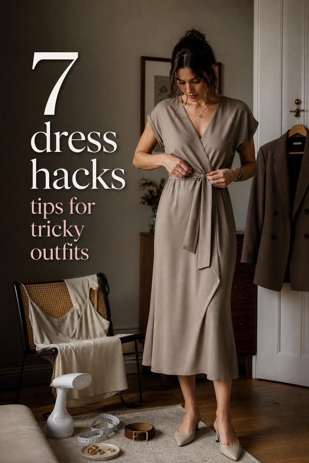Dress hacks tips text overlay as a woman adjusts a midi dress waist tie in a chic apartment dressing area