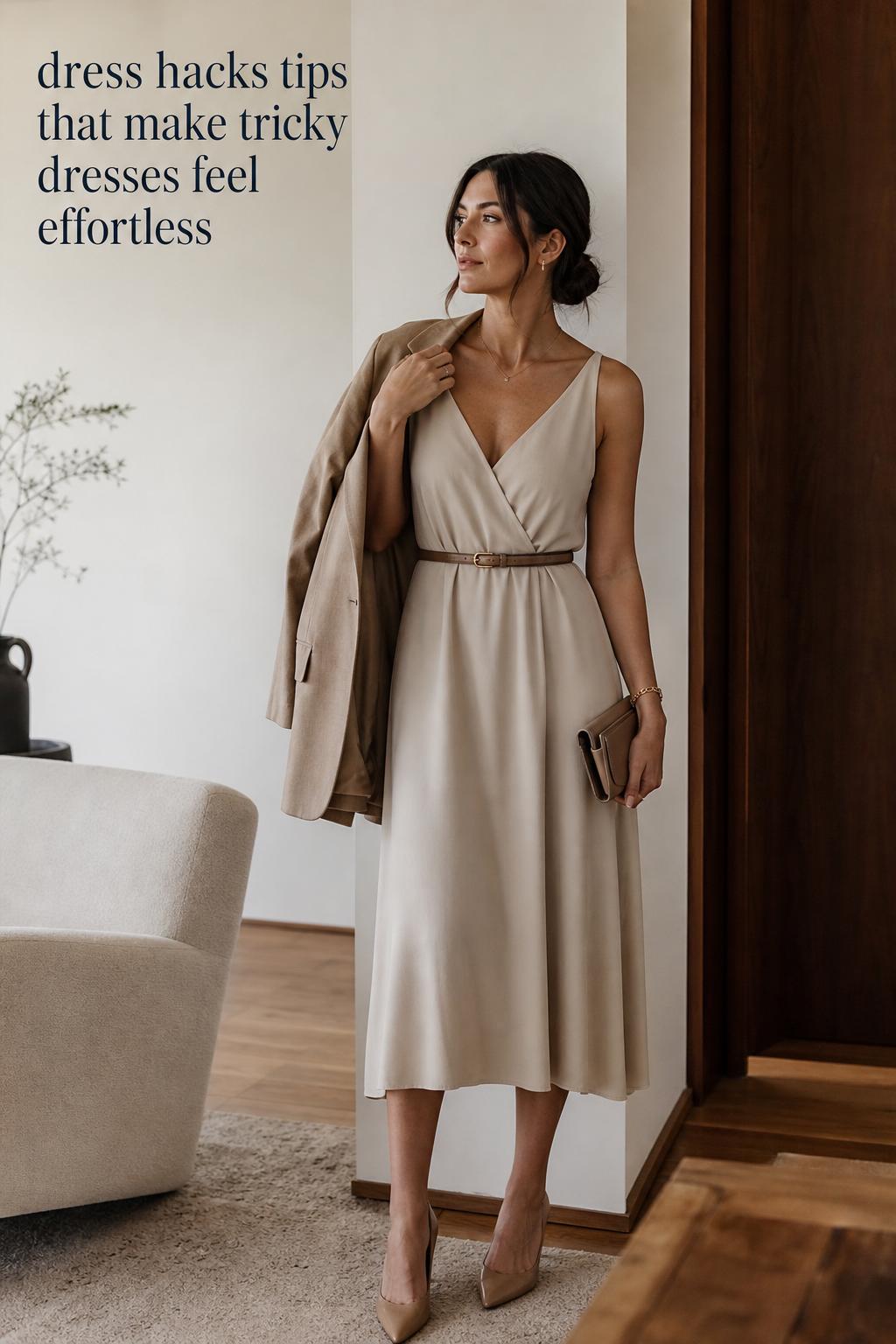 dress hacks tips editorial photo of woman in neutral midi dress with belt, adjusted hem, blazer and modern interior light