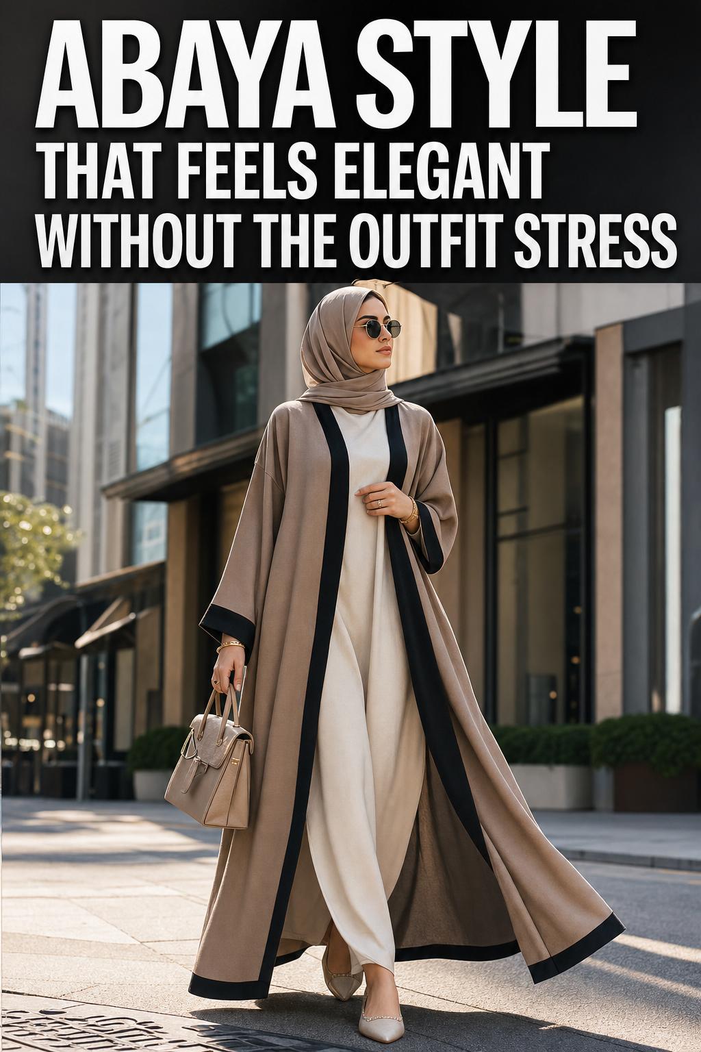Elegant abaya style in a flowing black robe with intricate embroidery, photographed in soft natural light