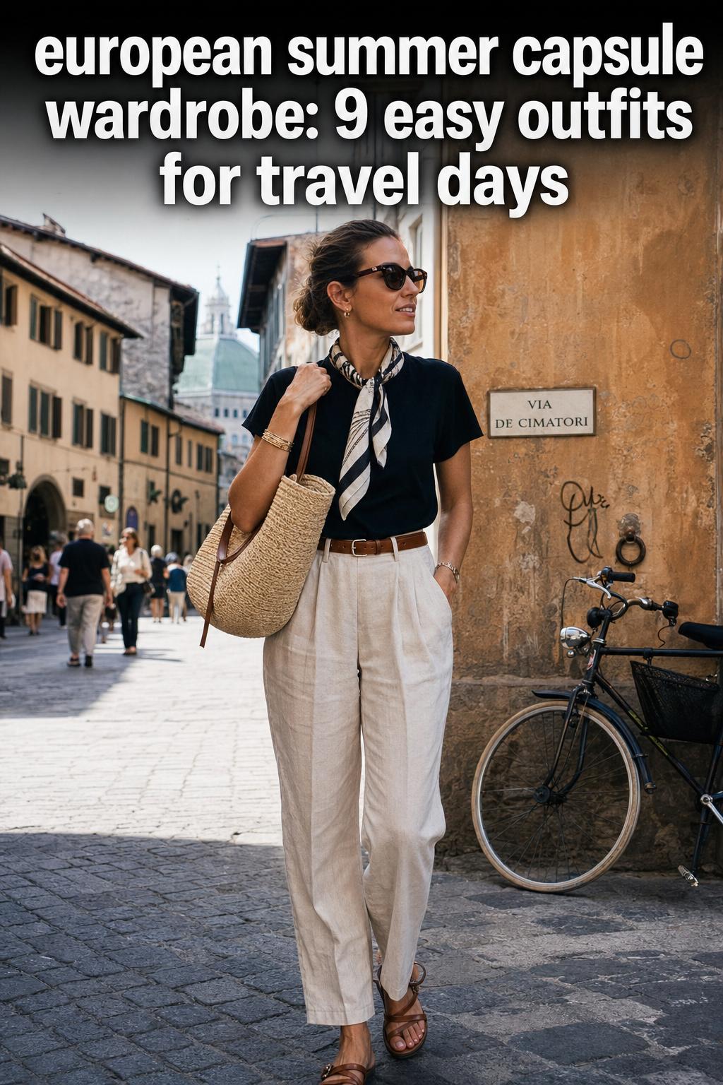 European summer capsule wardrobe essentials laid out on a bed with linen dress, sandals, straw hat, and sunglasses