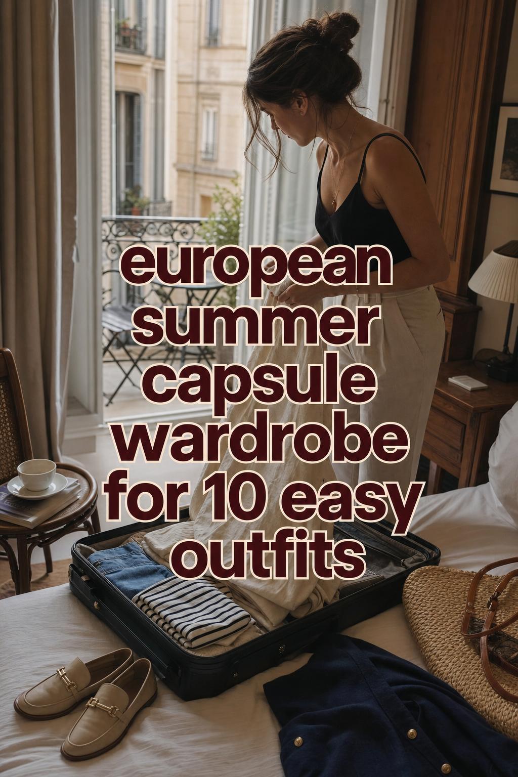 European summer capsule wardrobe in a boutique hotel room with woman packing a carry-on suitcase in warm Mediterranean light