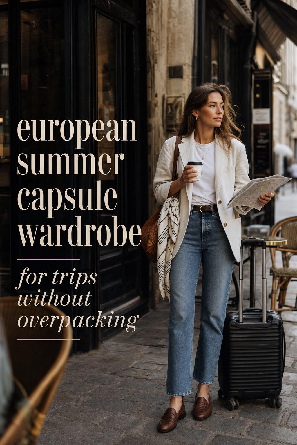 Woman in european summer capsule wardrobe with linen blazer, denim and loafers holding coffee and map by a European café