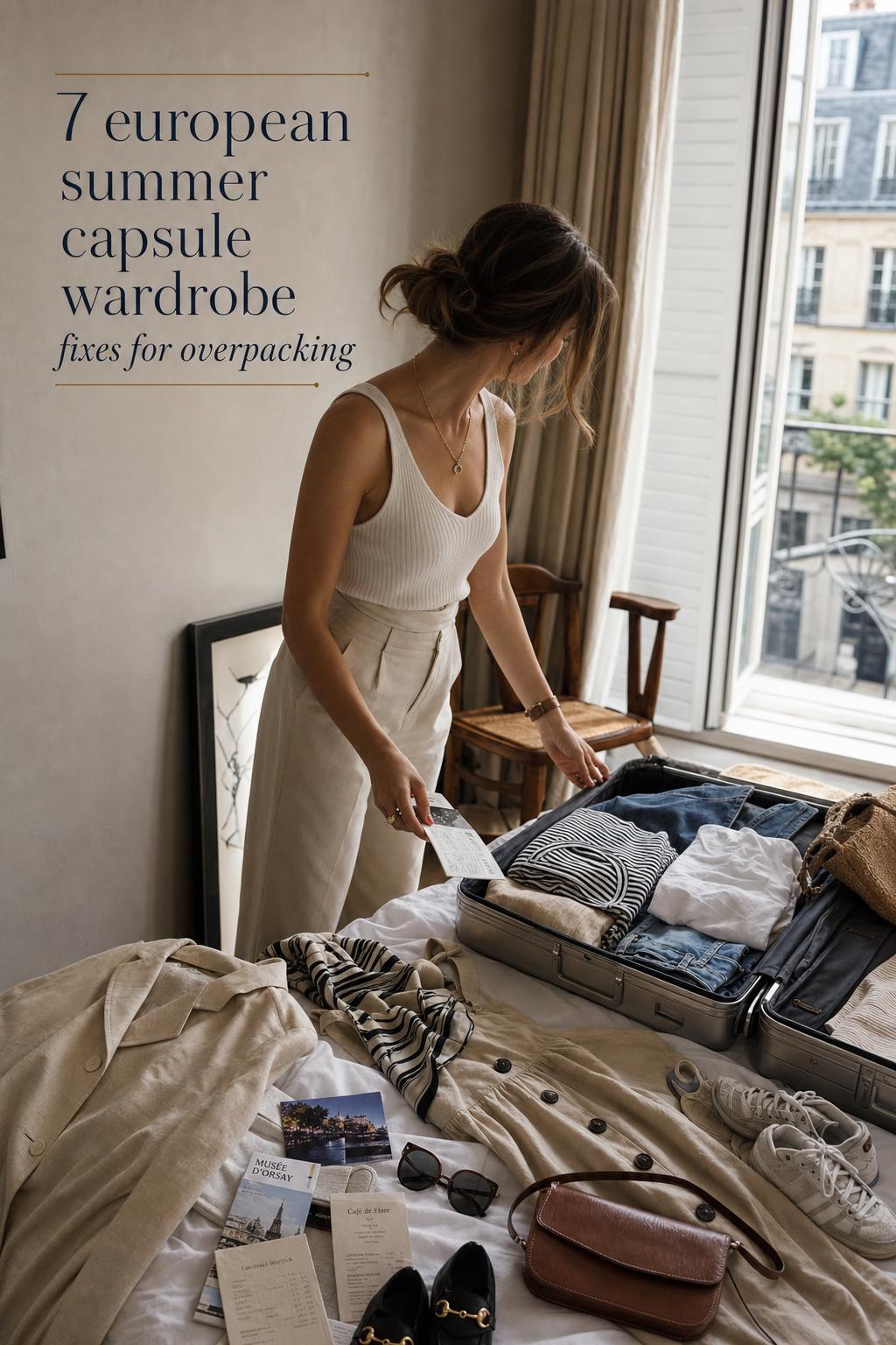 European summer capsule wardrobe in a Paris hotel room with woman packing carry-on, linen neutrals, denim, blazer and shoes