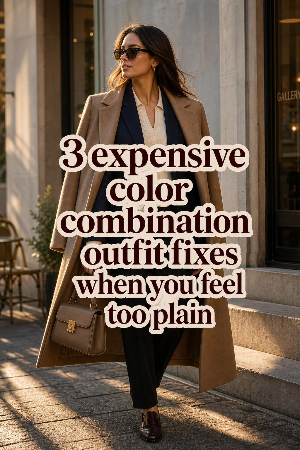 Woman in navy blazer and taupe coat at golden hour with text overlay, expensive color combination outfit inspiration