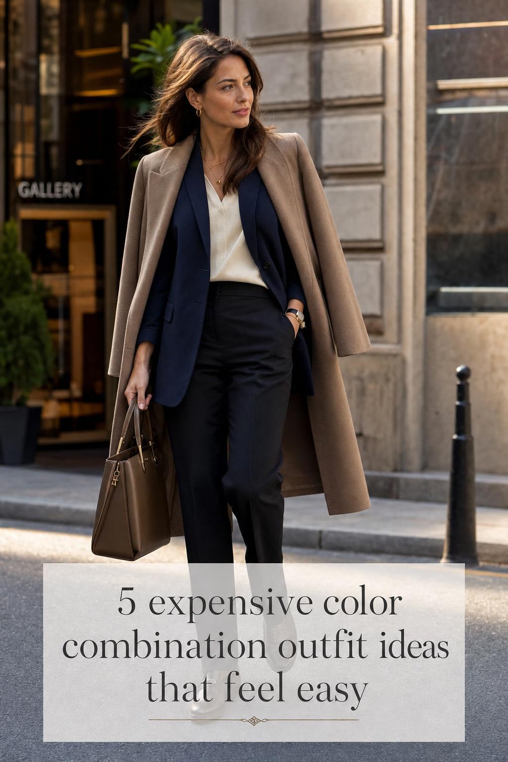 Expensive color combination outfit: woman in navy blazer, cream top and taupe coat walking on a modern city street at golden hour.