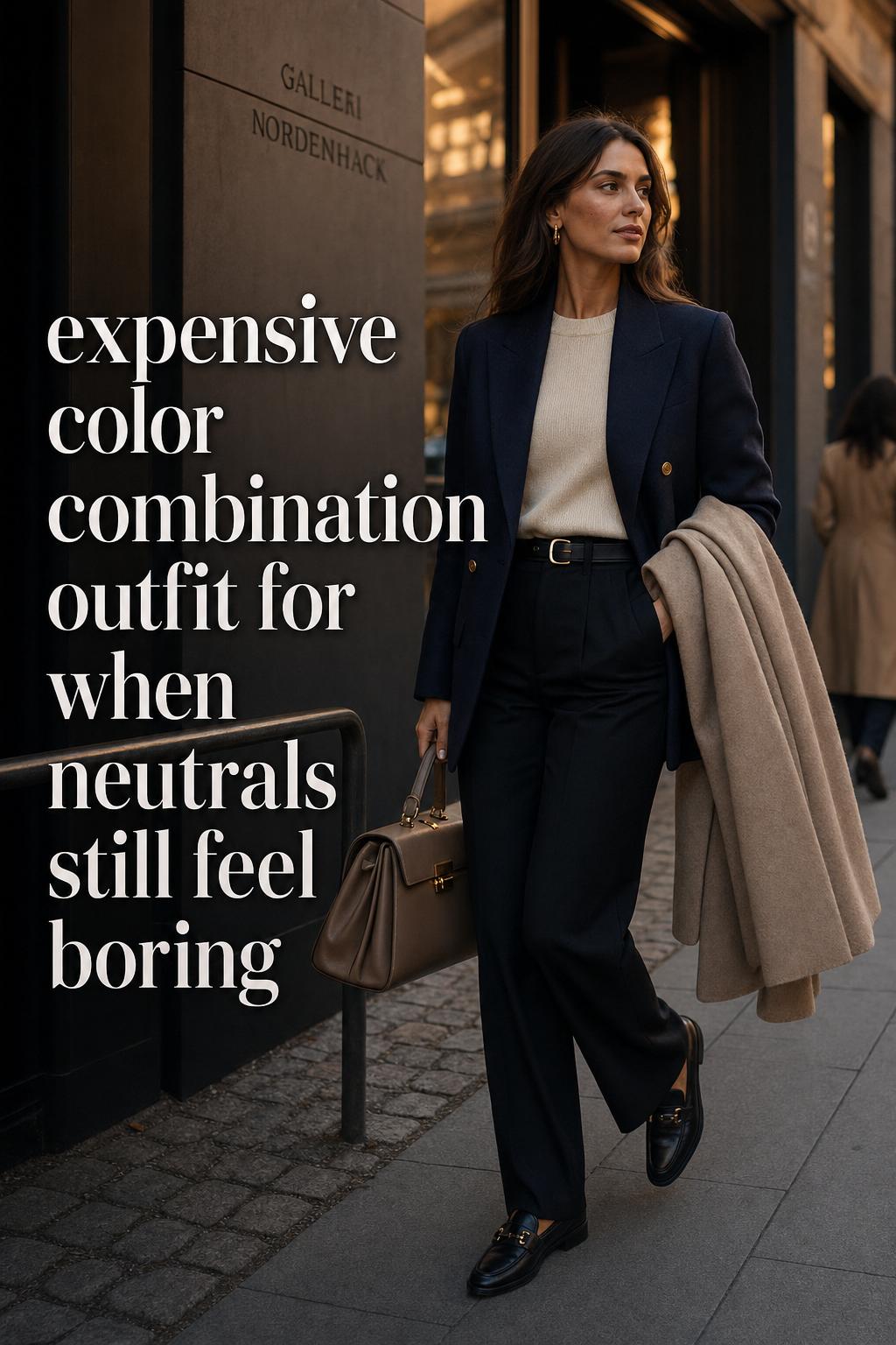 Woman in an expensive color combination outfit wearing navy blazer, cream knit and black trousers outside a gallery at dusk