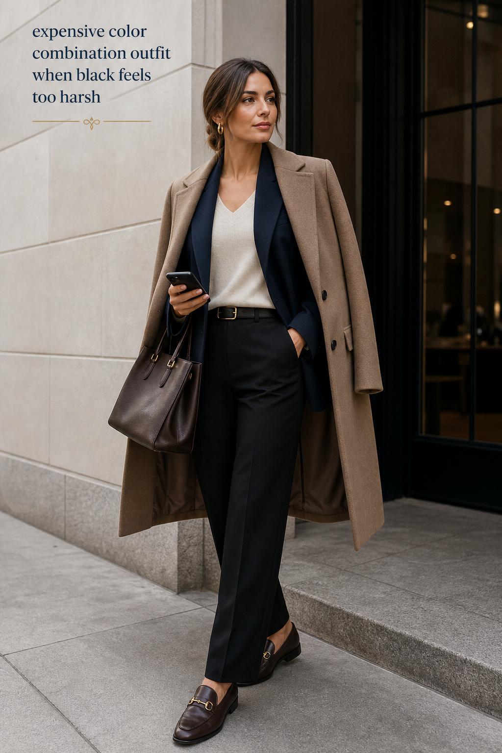 Confident woman in a navy blazer and cream top wearing an expensive color combination outfit on a minimalist city street