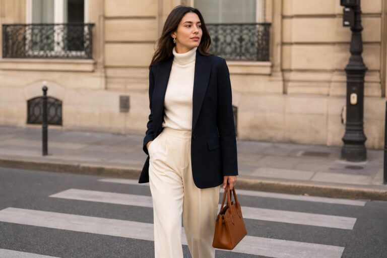 Expensive color combination outfit with navy blazer, cream knit top, tailored navy trousers, and gold jewelry in city light