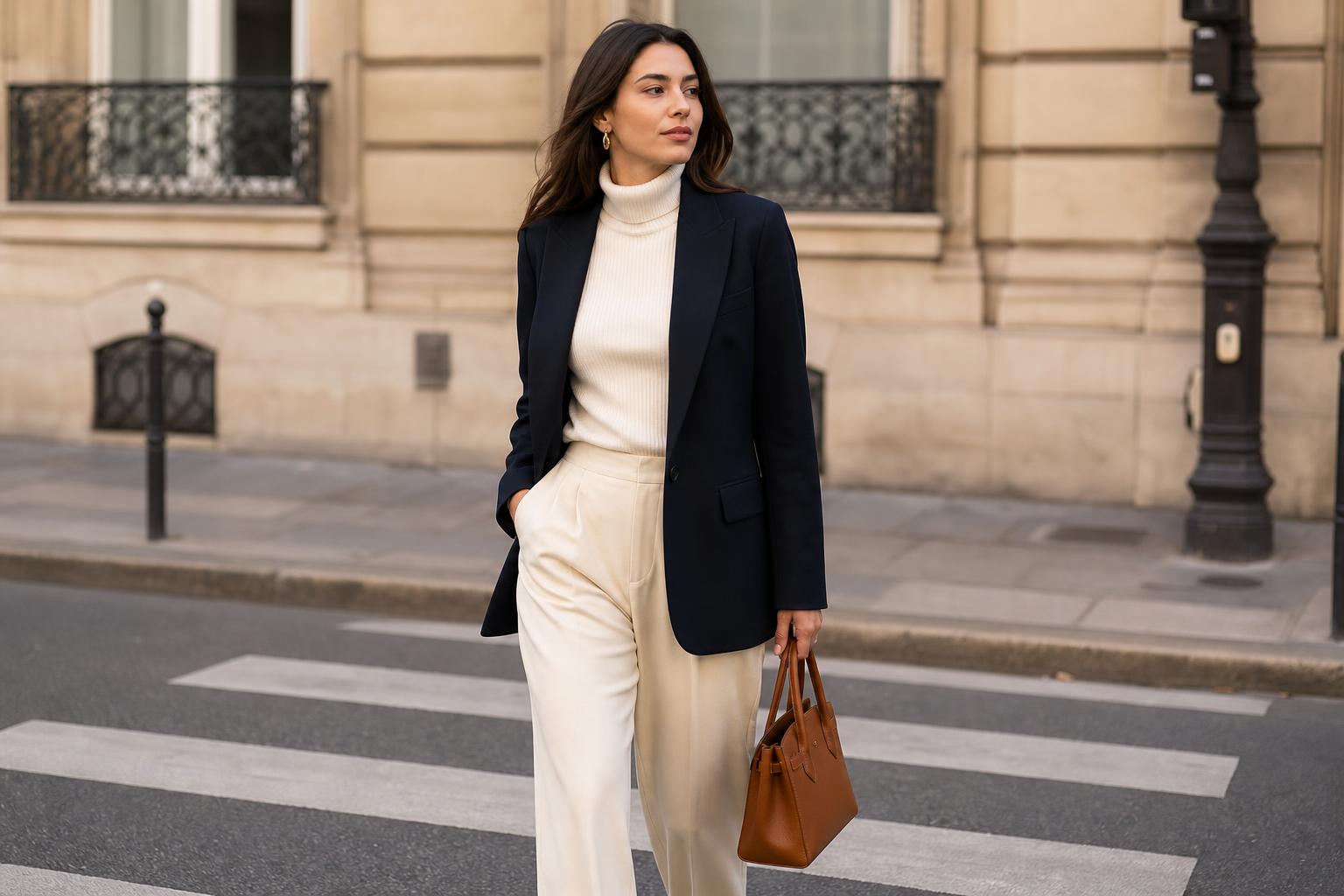 Expensive color combination outfit with navy blazer, cream knit top, tailored navy trousers, and gold jewelry in city light