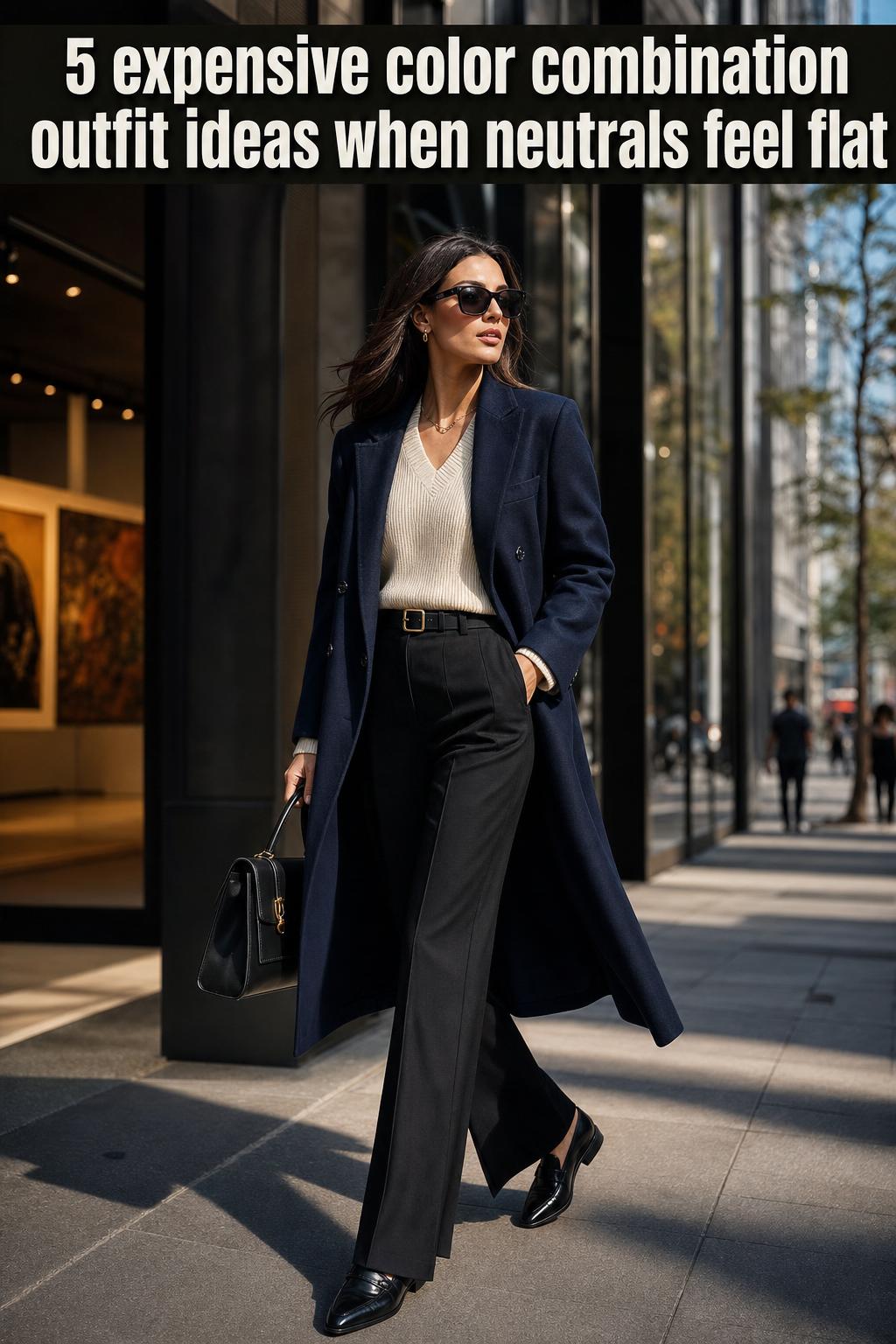 Expensive color combination outfit featuring a tailored blazer, silk top, and designer trousers in rich, balanced tones