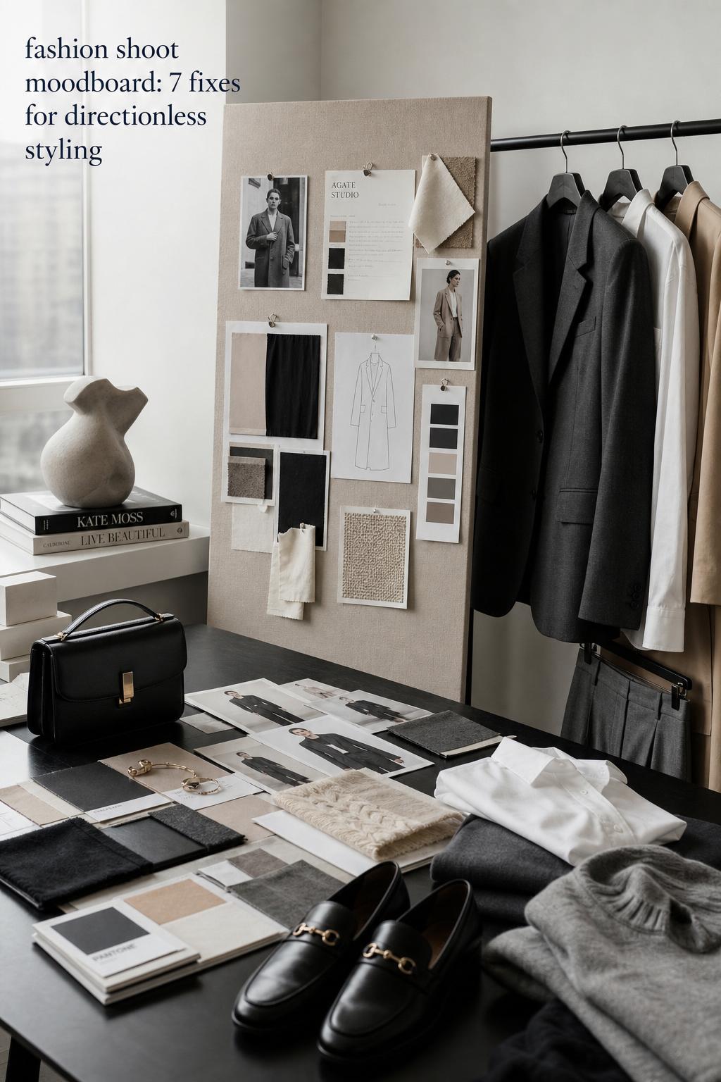 Fashion shoot moodboard workspace with neutral pinboard, fabric swatches, styling sketches, blazer, trousers, and leather bag