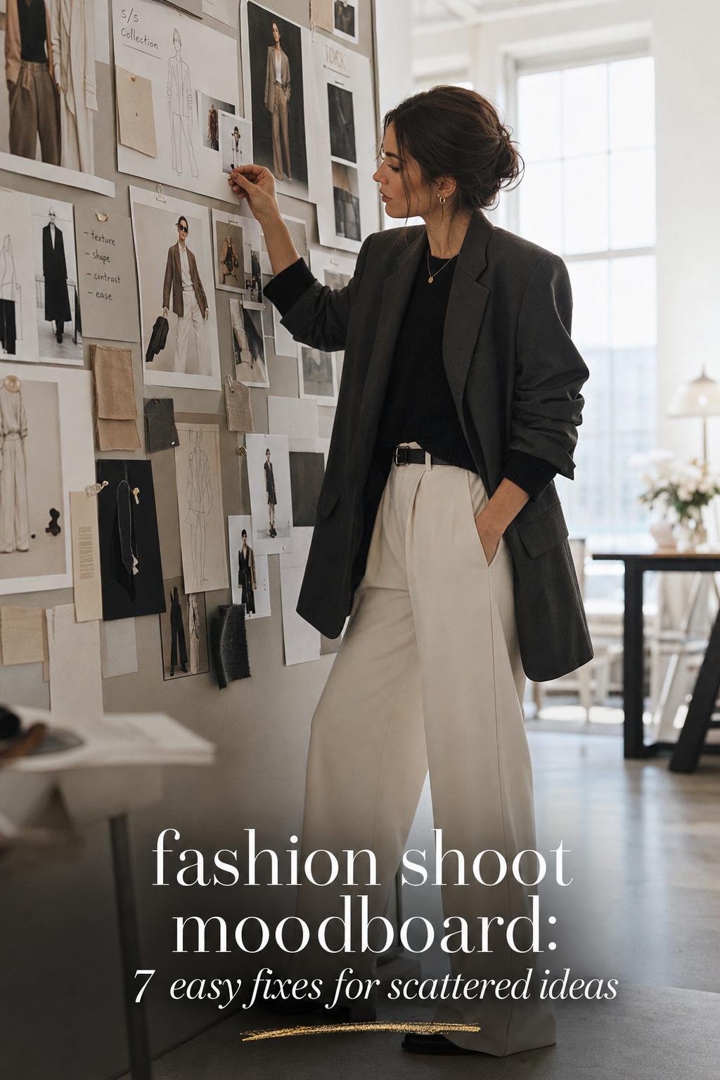 Creative woman arranging a fashion shoot moodboard wall in a bright modern studio with neutral swatches and sketches