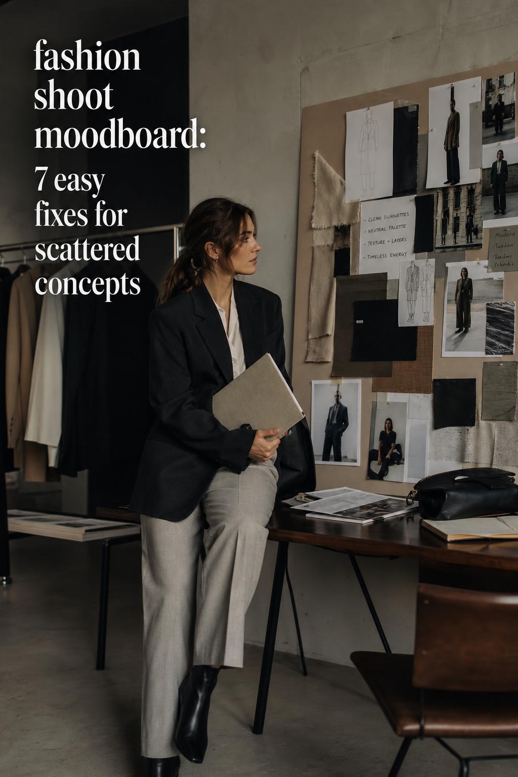 Fashion shoot moodboard planning in a modern loft studio with fabric swatches, styling notes, and neutral tailoring in window light.