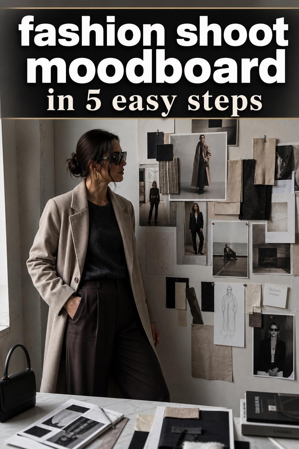 Fashion shoot moodboard with styled outfits, accessories, and color swatches arranged on a studio table