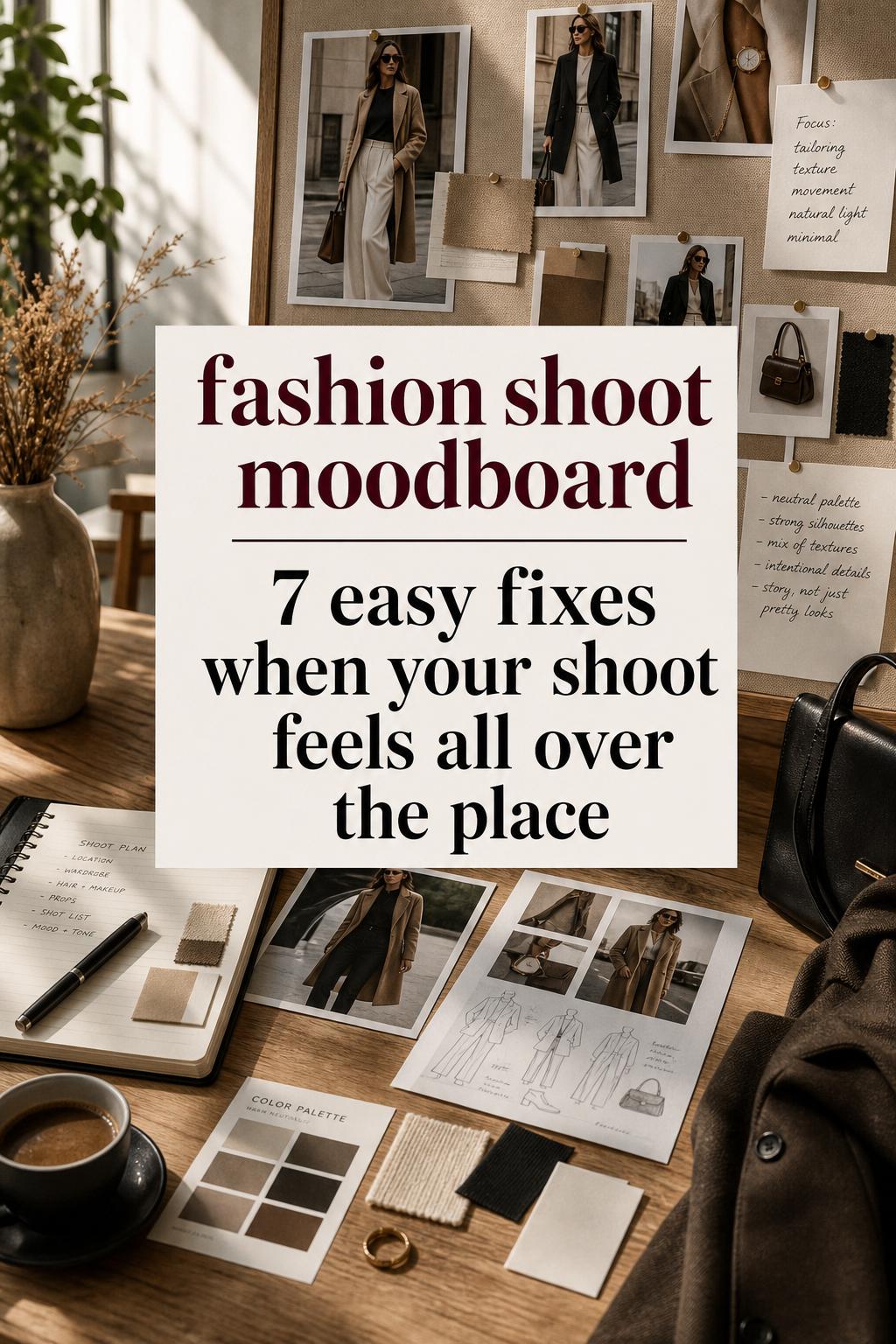 Fashion shoot moodboard on a sunlit studio table with fabric swatches, outfit prints, and styling notes in warm neutral tones.