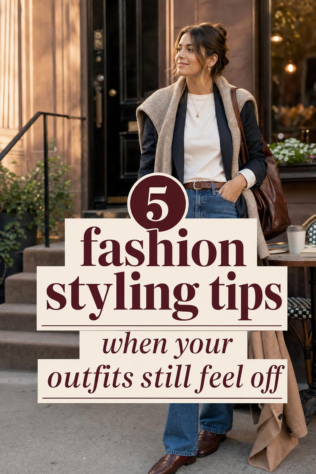Fashion styling tips text overlay on stylish woman in blazer and denim at golden hour near a brownstone doorway