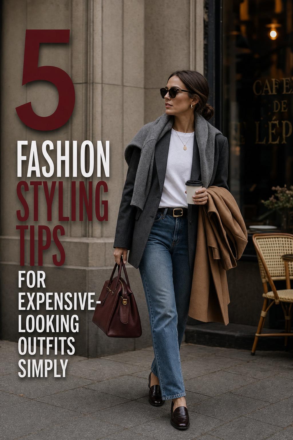 Fashion styling tips in a moody city street photo of a woman in blazer, denim, camel coat and burgundy bag