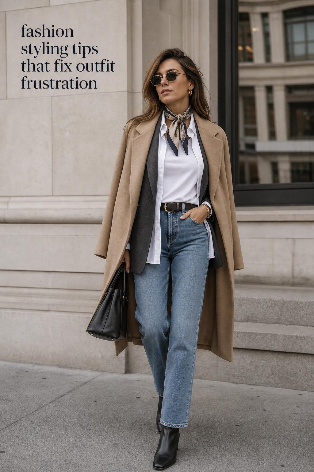 fashion styling tips featuring chic woman in blazer, white tee, denim and camel coat on a minimalist city street