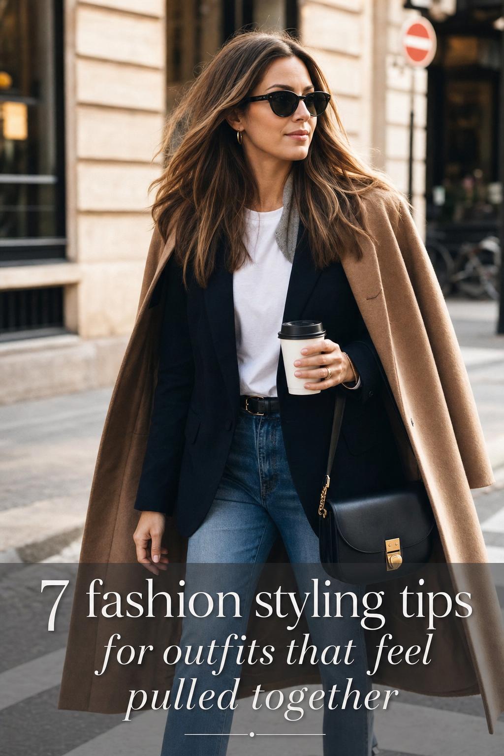 Fashion styling tips: stylish woman walking in the city wearing blazer, straight-leg jeans, camel coat and scarf in golden-hour light