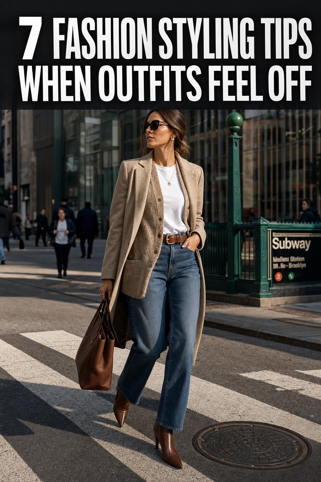 Fashion styling tips with a wardrobe rack, accessories, and layered outfits in a bright studio setting