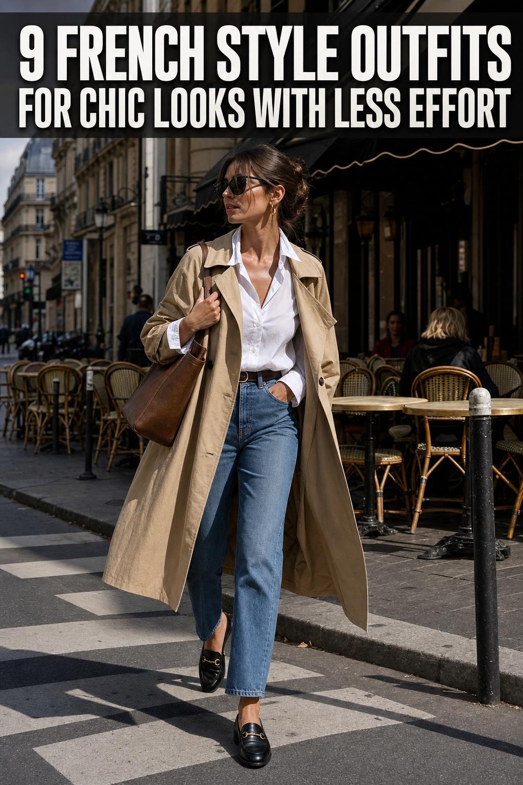 French style outfits in a chic Paris street look with tailored blazer, striped top, and classic denim