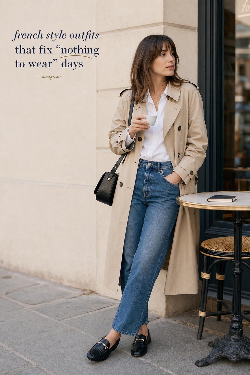 Chic woman in a beige trench and jeans on a Paris street, showcasing french style outfits with minimalist capsule basics.