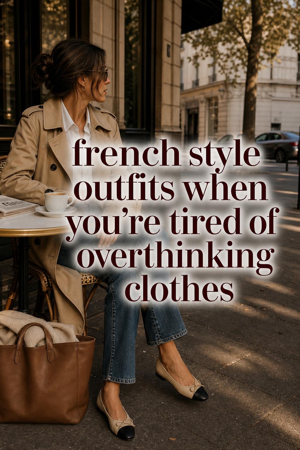 French style outfits at a warm Parisian sidewalk cafe, woman in beige trench coat and jeans with centered text overlay