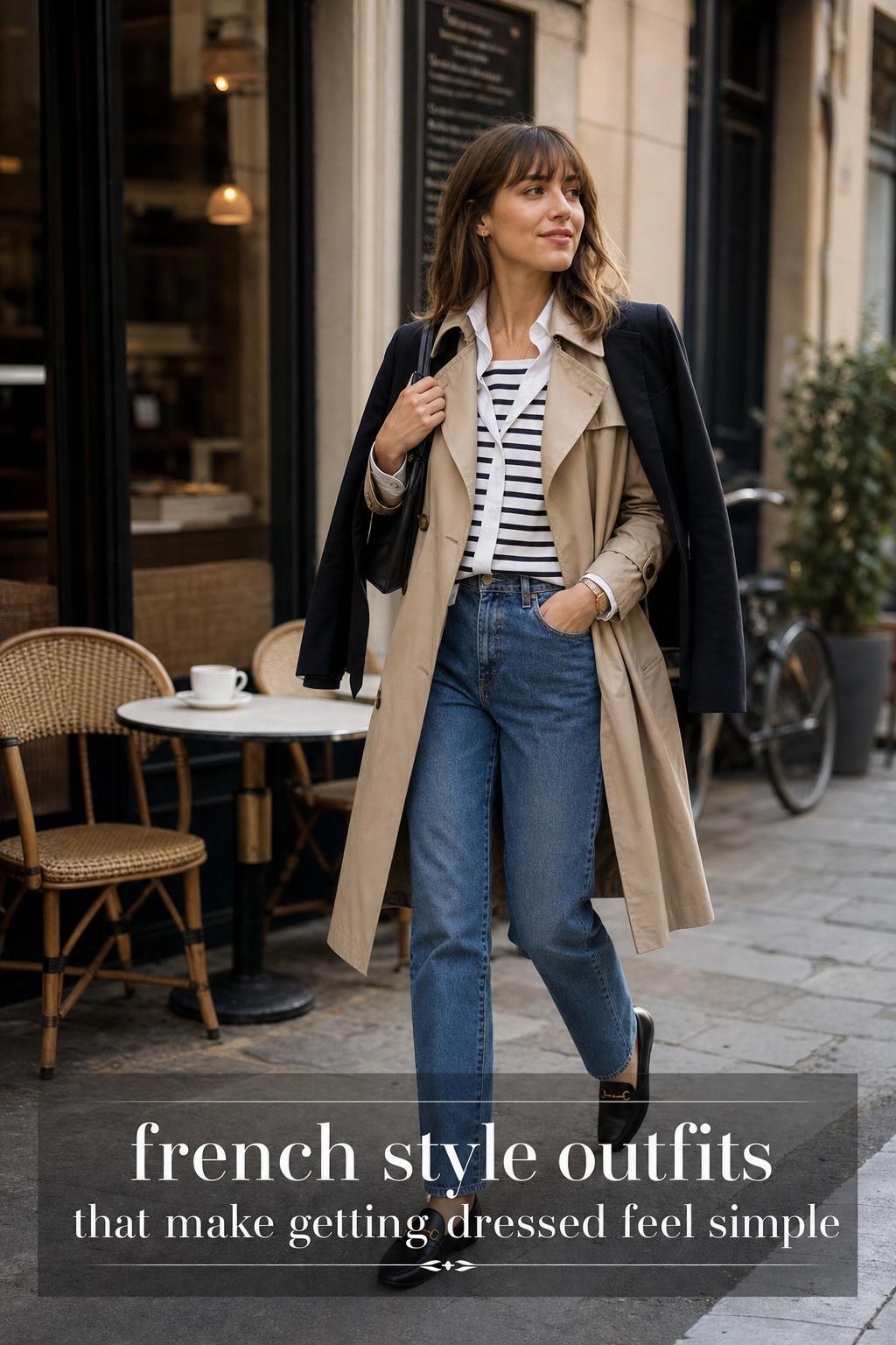 french style outfits: woman in beige trench and jeans walking past a Parisian sidewalk cafe at golden hour