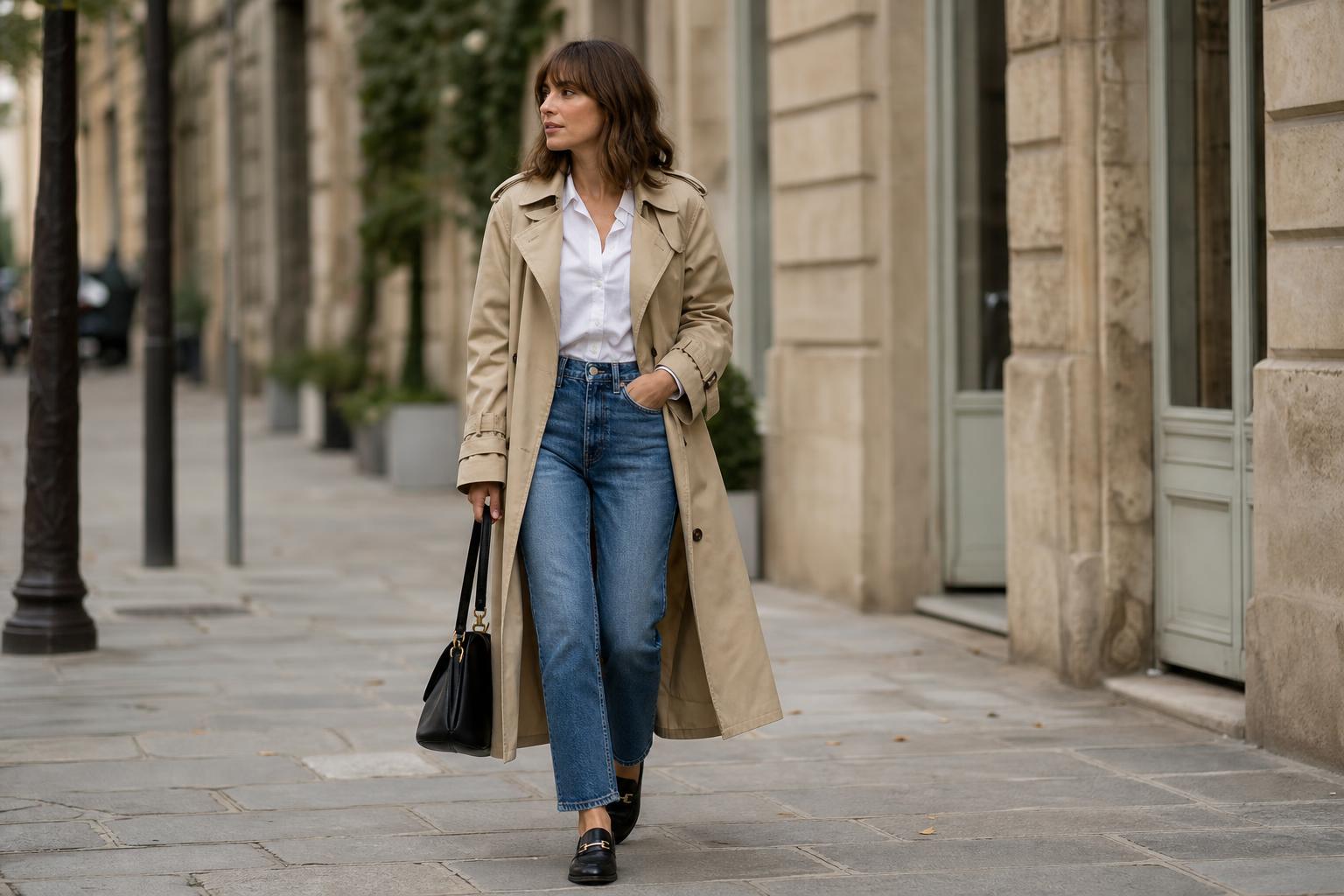 French style outfits with a beige trench coat, Breton striped top, straight-leg jeans, and loafers in a Paris street scene