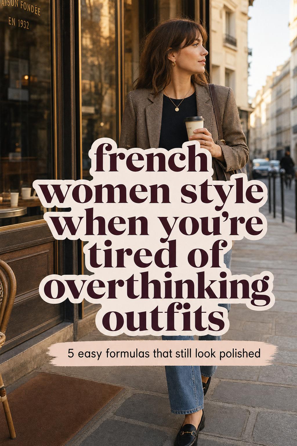 French women style: woman in blazer and jeans leaving a cozy cafe at golden hour with coffee and leather bag