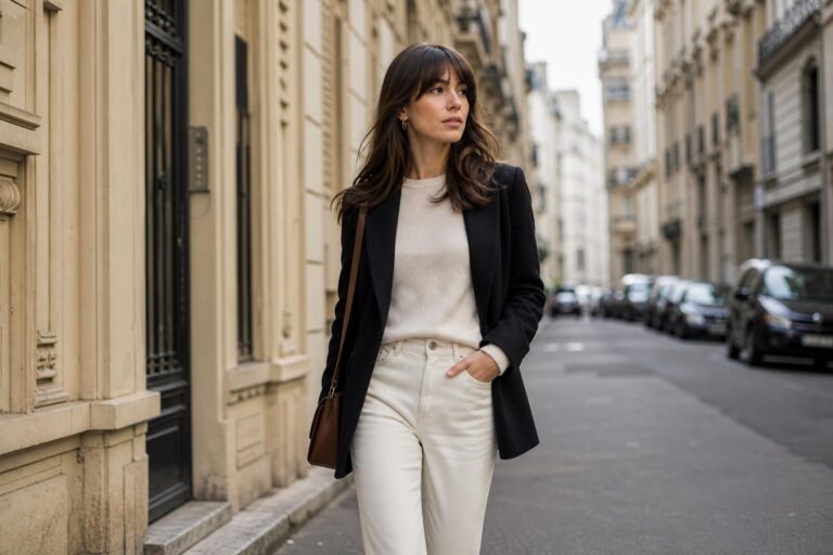 French women style outfit with tailored blazer, straight-leg jeans, and neutral knit for a polished everyday wardrobe