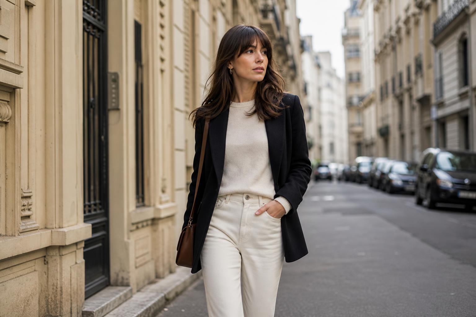 French women style outfit with tailored blazer, straight-leg jeans, and neutral knit for a polished everyday wardrobe