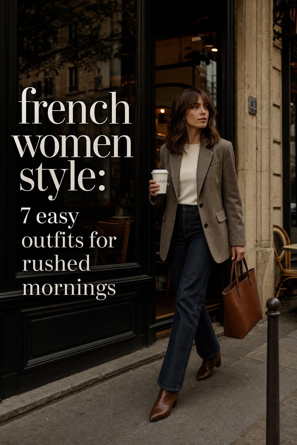 French women style: chic woman in blazer and jeans leaving a Paris cafe with coffee and leather tote at golden hour