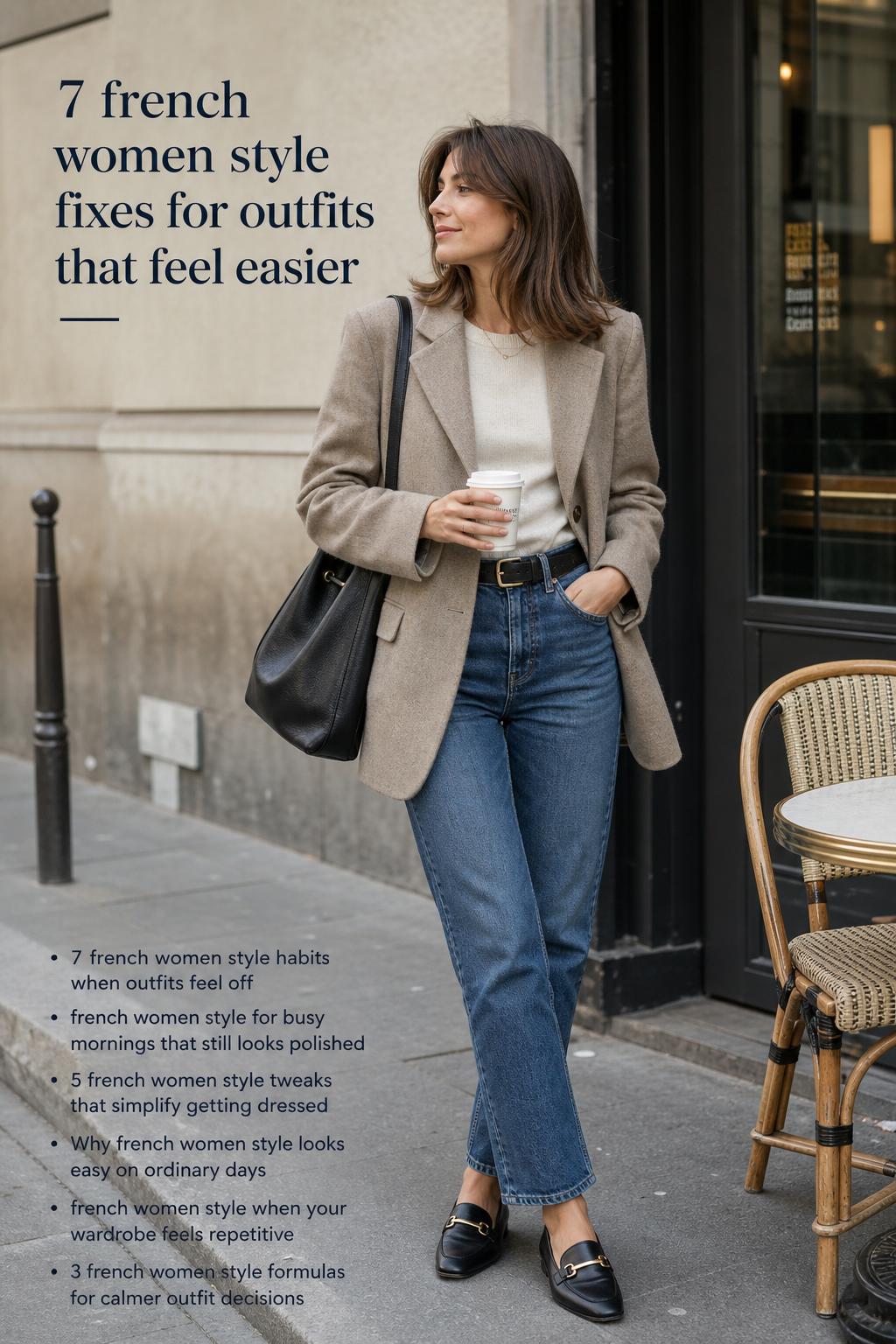 French women style editorial photo of a woman in neutral blazer and jeans outside a Parisian cafe with text overlay