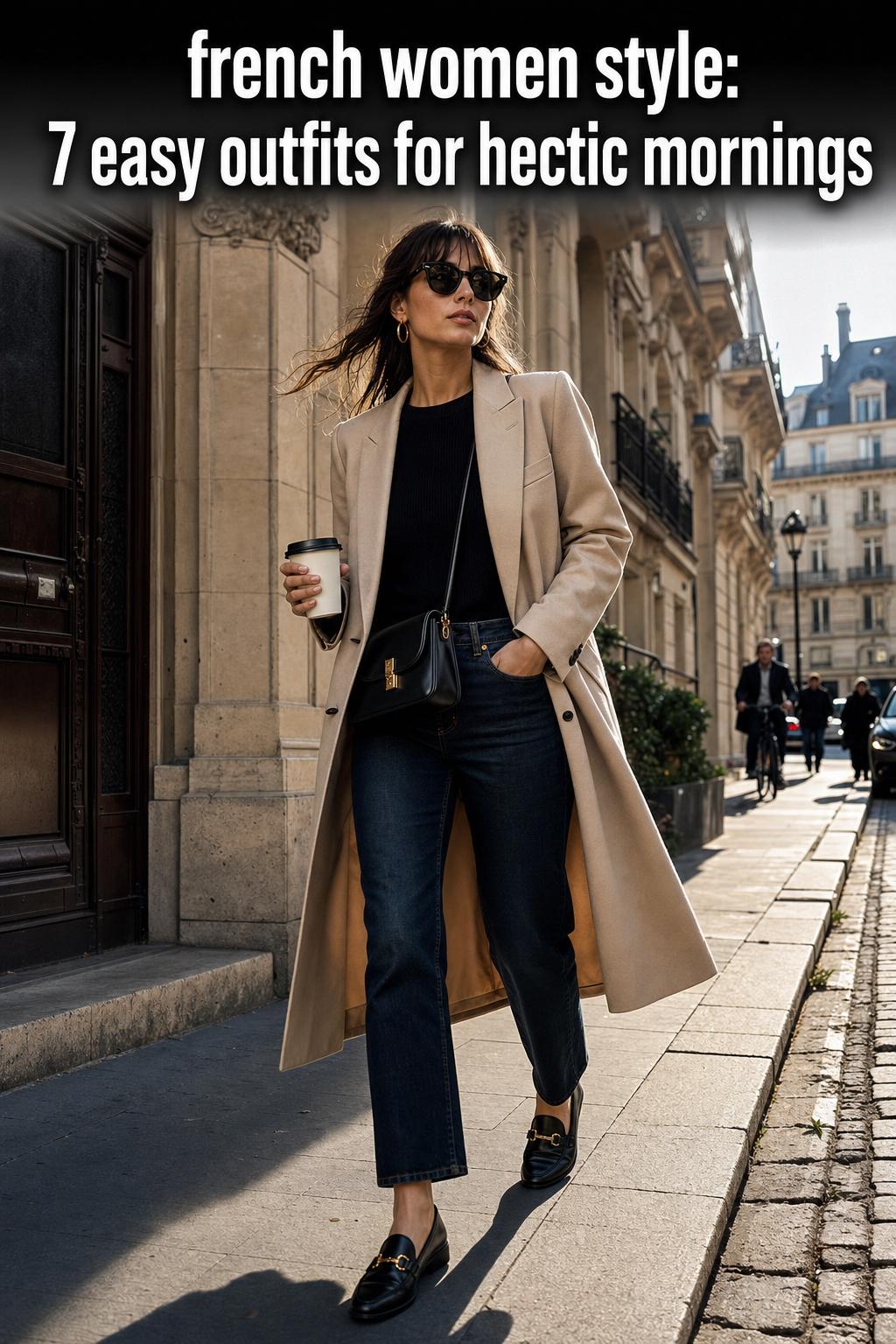 French women style in Paris street fashion with a chic outfit, tailored coat, scarf, and classic leather handbag