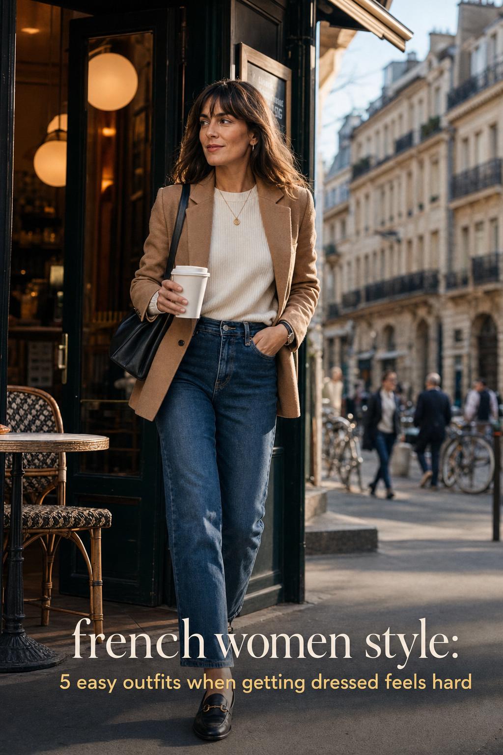 french women style on a chic woman leaving a corner café with coffee on a golden-hour European city street