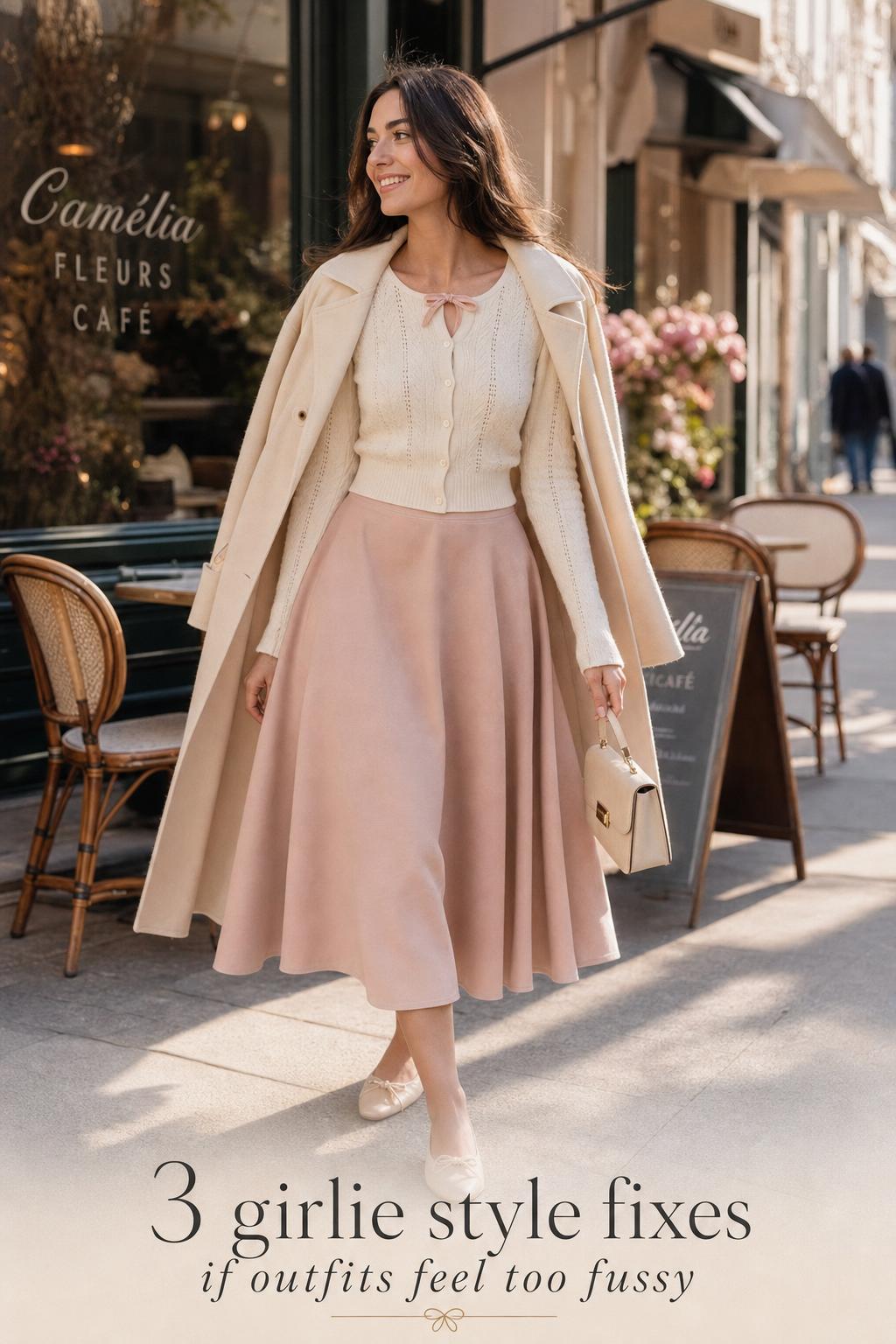Girlie style outfit: woman in cream cardigan and blush midi skirt walking past a café in golden-hour city street