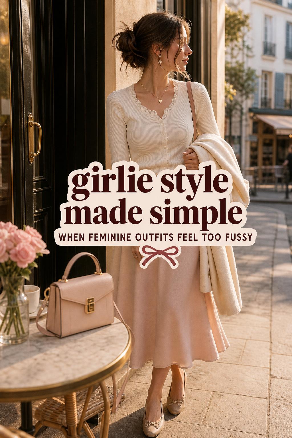 girlie style outfit flat lay with cream cardigan, blush skirt, structured bag and flats in warm golden-hour café street