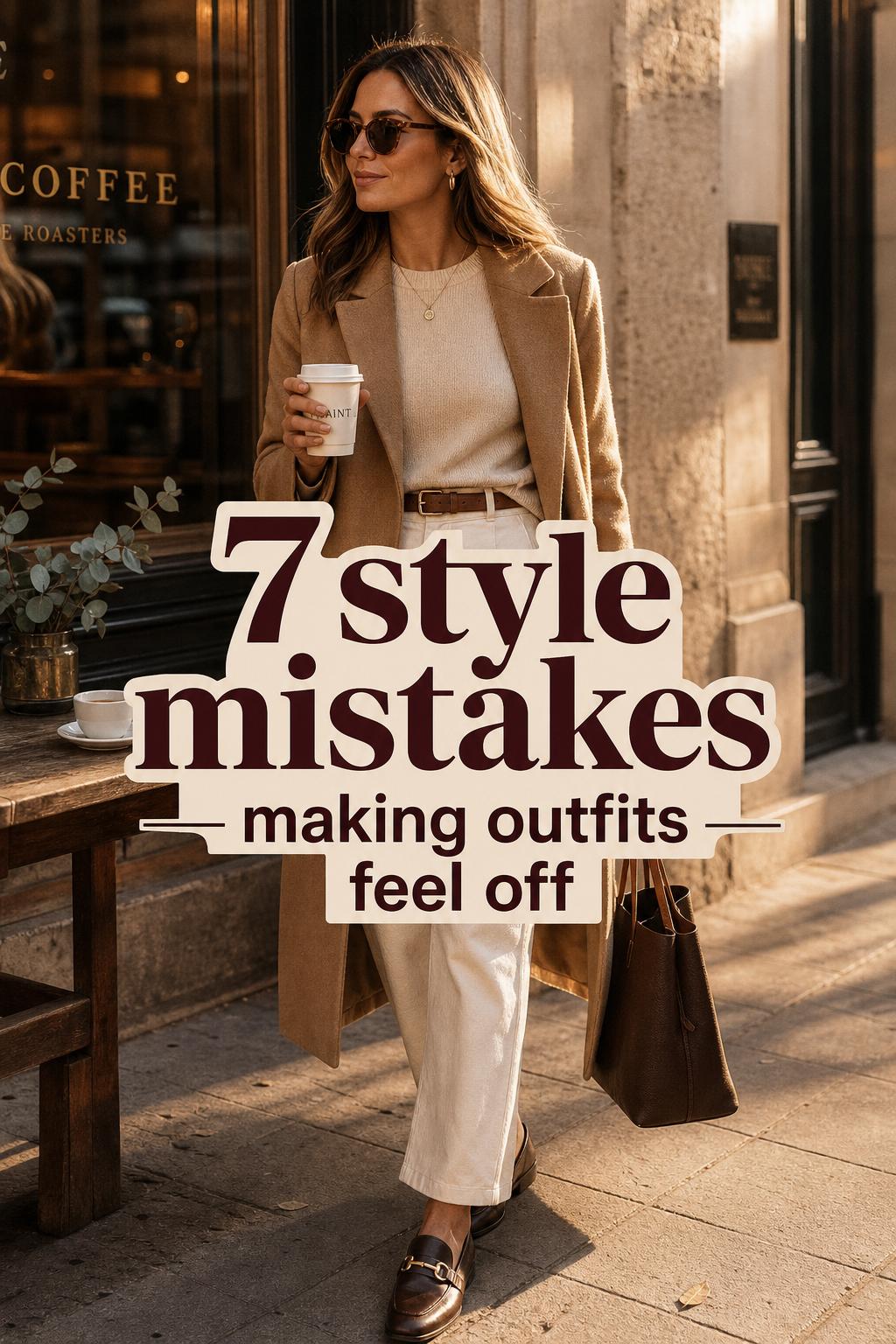 Golden-hour café street photo of a woman in a camel coat and neutral layers with bold text about style mistakes