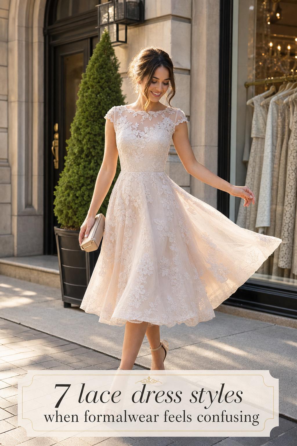Stylish woman in golden hour city street wearing ivory blush lace dress, showcasing lace dress styles in motion