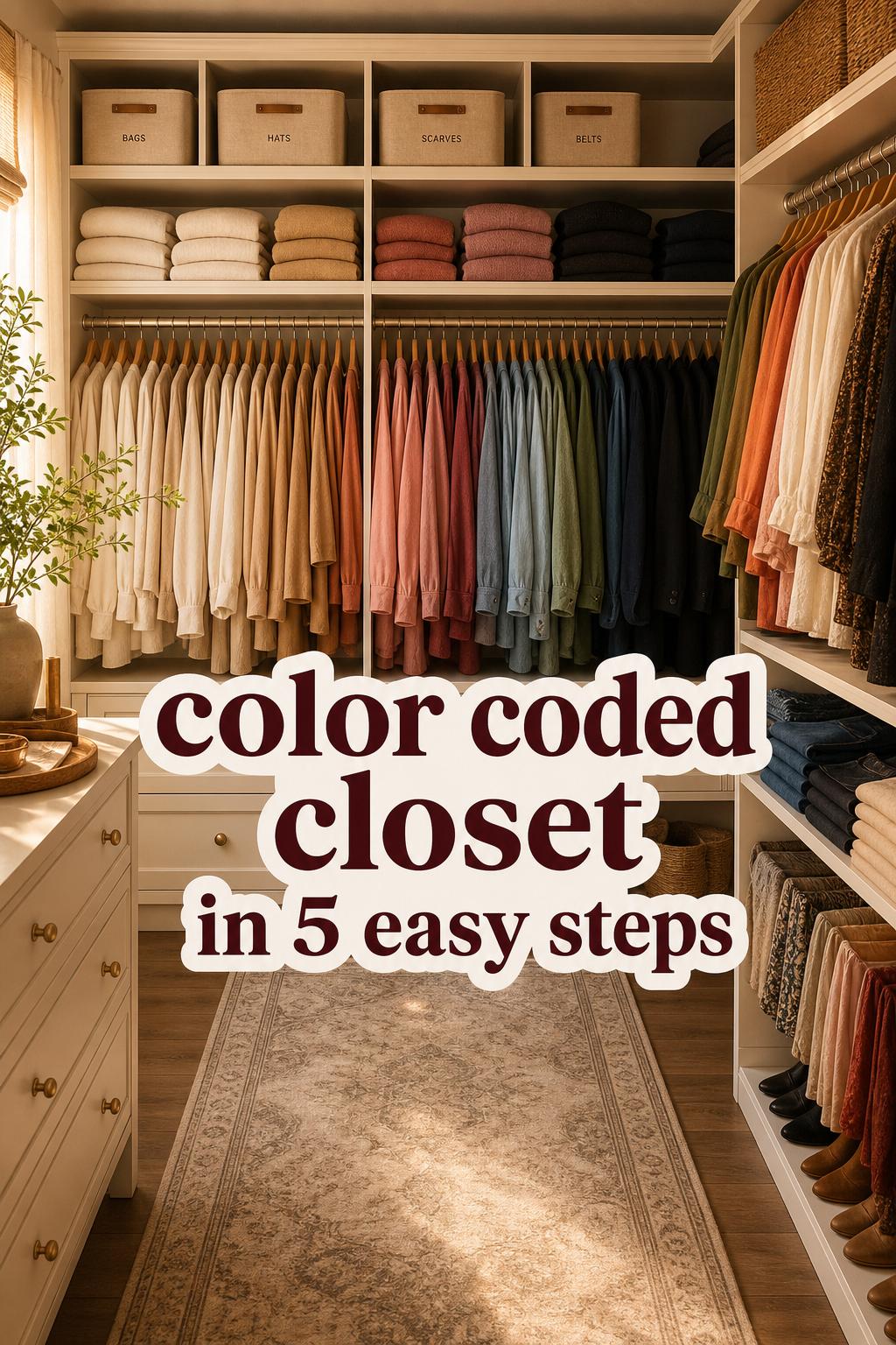 Golden-hour modern dressing room with a neatly organized color coded closet, ombré clothing rails, labeled bins, and warm wood textures.