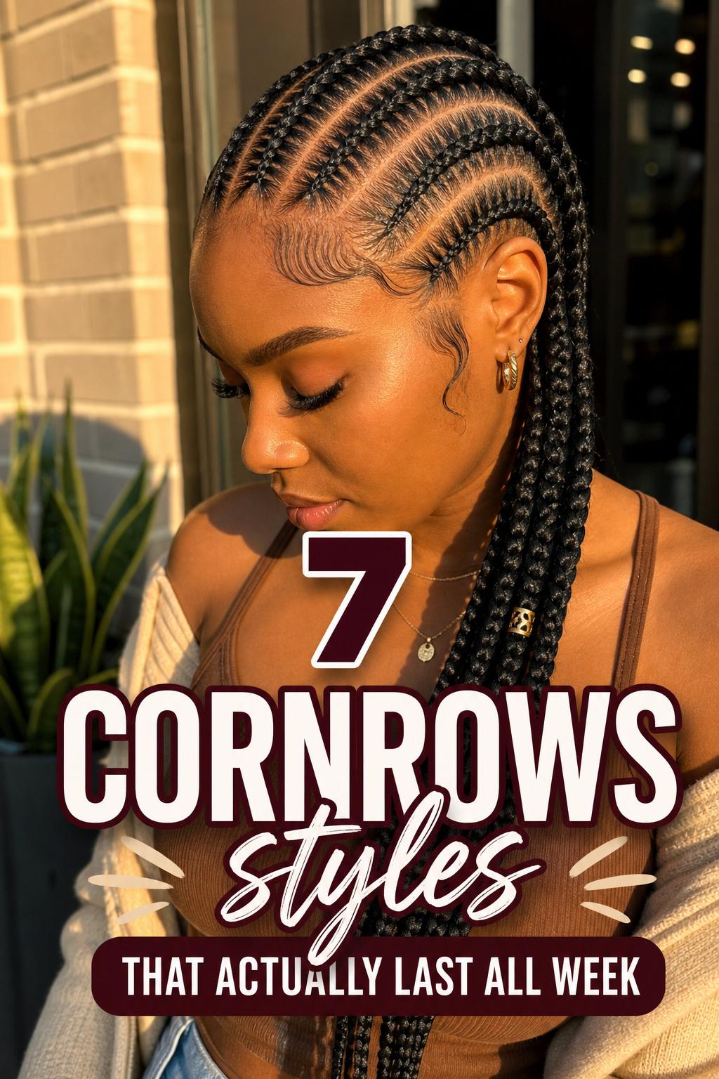 Warm golden hour salon-to-street portrait showing clean cornrows styles with neat parts and subtle braid cuffs
