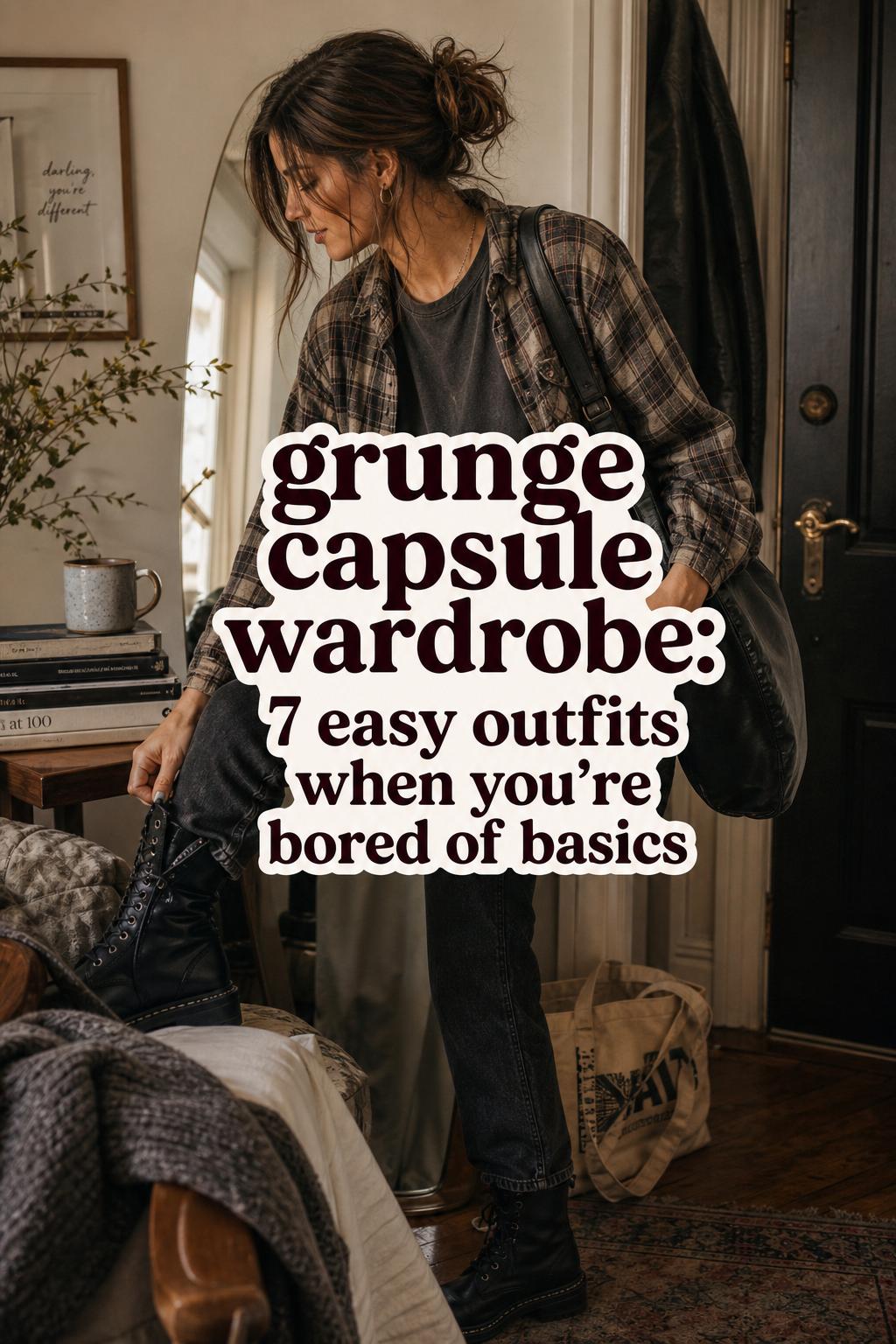 Grunge capsule wardrobe outfit in cozy urban entryway, woman in plaid flannel, dark jeans, and black leather boots