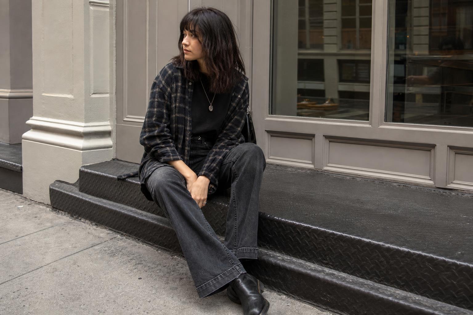 Grunge capsule wardrobe essentials laid out with plaid flannel, dark denim, black tee, chunky boots and knit layers