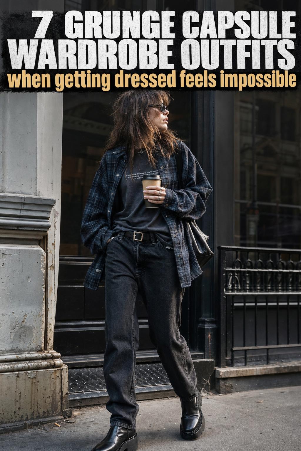 Grunge capsule wardrobe with vintage denim jacket, black boots, flannel shirt, and band tee laid out on a bed