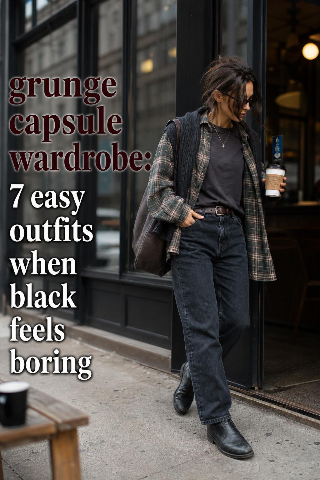 Grunge capsule wardrobe look outside a city coffee shop, layered flannel, black jacket, dark jeans and leather boots