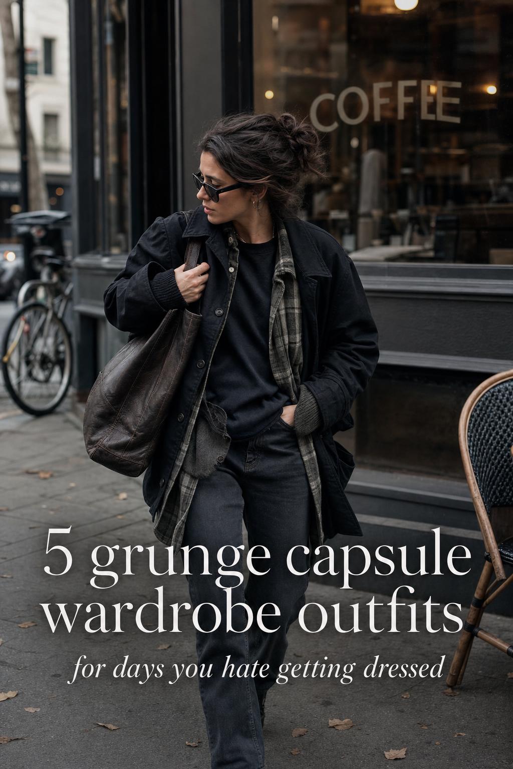 Woman walking past a coffee shop in a grunge capsule wardrobe outfit with flannel, black jacket, jeans, and boots