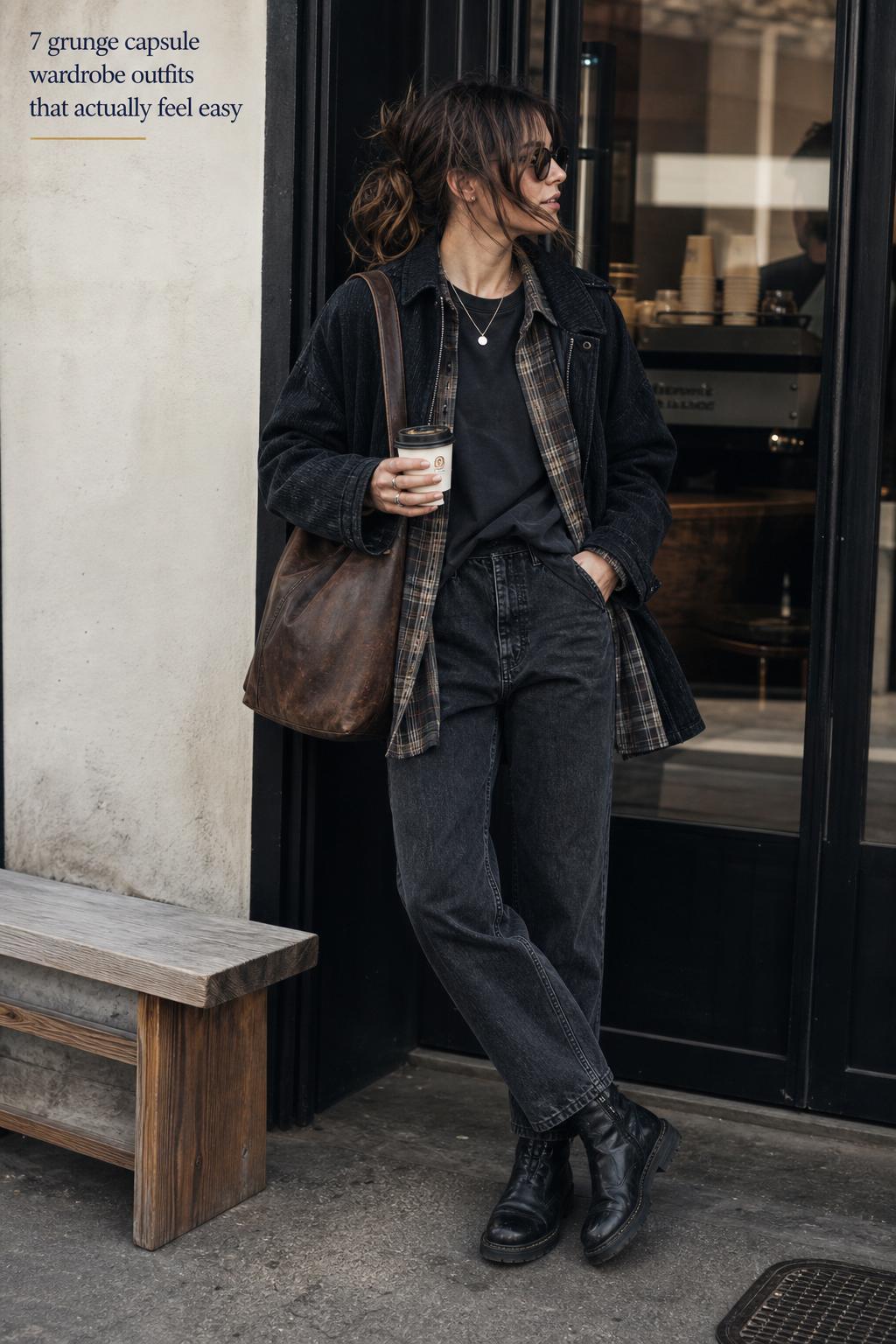 Woman in an urban street-style grunge capsule wardrobe with dark jeans, flannel overshirt and leather boots, near a coffee shop