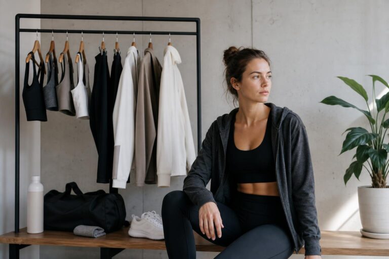Gym capsule wardrobe essentials neatly arranged in a sleek, modern flat lay with neutral activewear pieces